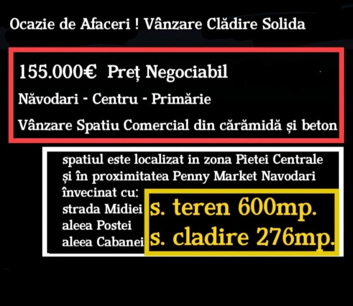 Ocazie Afaceri Vânzare clădire beton 276mp. cu Teren 600mp.