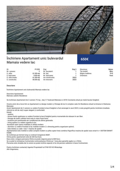 Închiriere Apartament unic bulevardul Mamaia vedere lac 