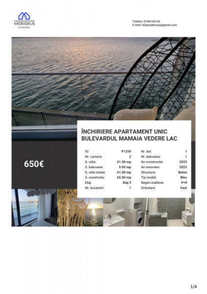 Închiriere Apartament unic bulevardul Mamaia vedere lac 