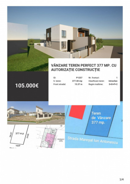 Vânzare Teren perfect 377 mp. cu Autorizație Construcție 