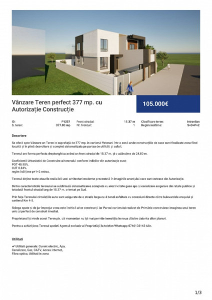 Vânzare Teren perfect 377 mp. cu Autorizație Construcție 