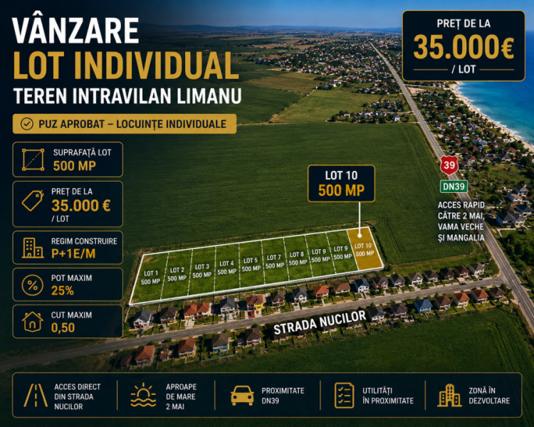 Vânzare loturi teren intravilane Limanu Vama Veche minim 500 mp. PUZ 