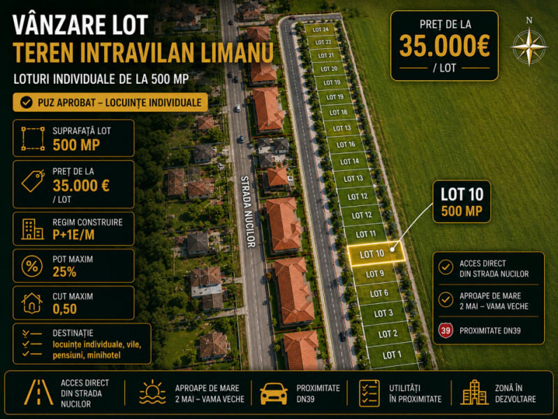 Vânzare loturi teren intravilane Limanu Vama Veche minim 500 mp. PUZ 