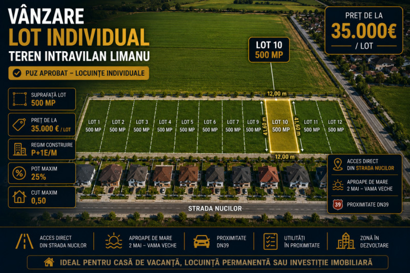 Vânzare loturi teren intravilane Limanu Vama Veche minim 500 mp. PUZ 