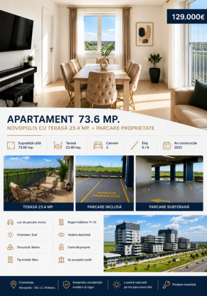 Apartament 73.6 mp. Novopolis cu terasă 23.4 mp. + parcare proprietate