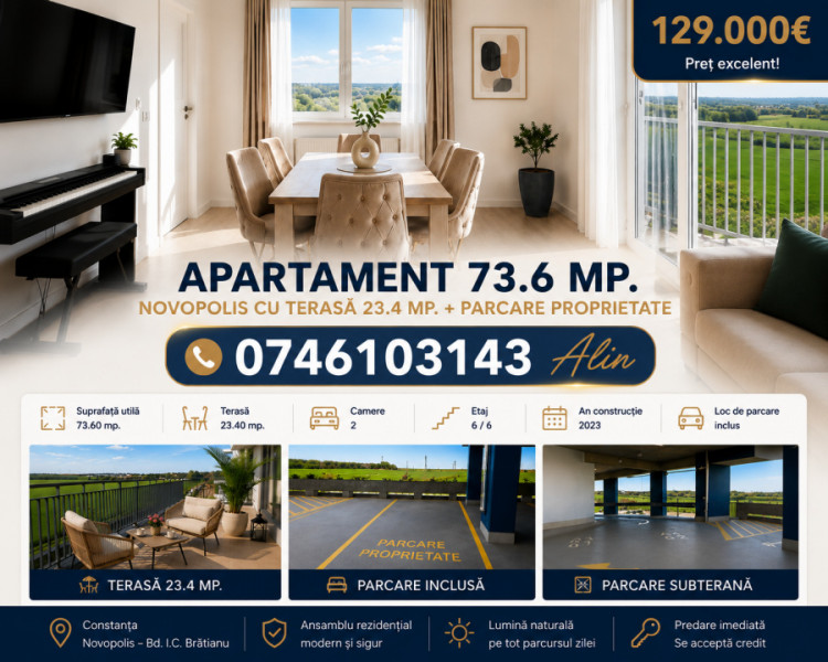 Apartament 73.6 mp. Novopolis cu terasă 23.4 mp. + parcare proprietate