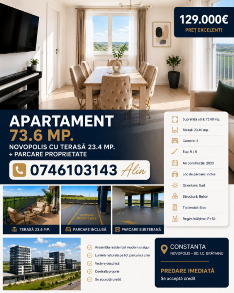 Apartament 73.6 mp. Novopolis cu terasă 23.4 mp. + parcare proprietate