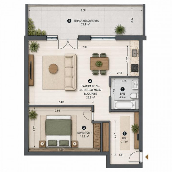 Apartament 73.6 mp. Novopolis cu terasă 23.4 mp. + parcare proprietate