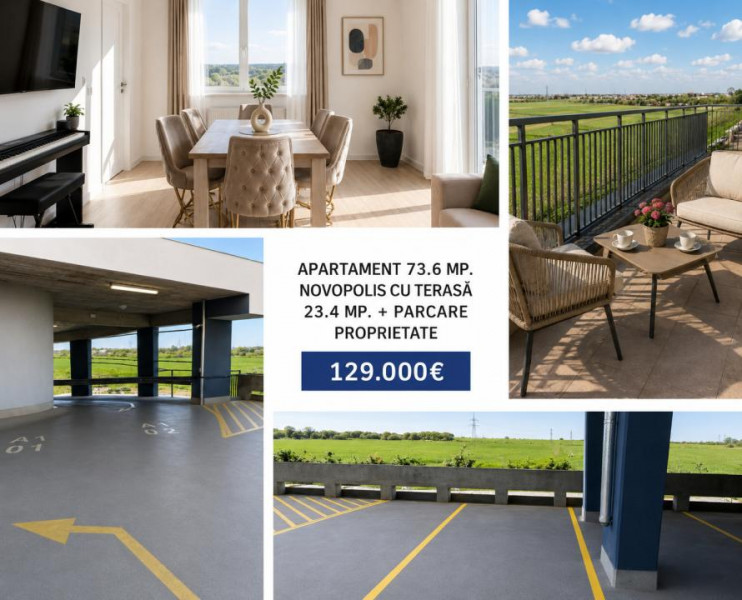 Apartament 73.6 mp. Novopolis cu terasă 23.4 mp. + parcare proprietate