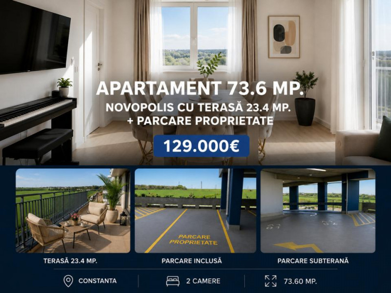 Apartament 73.6 mp. Novopolis cu terasă 23.4 mp. + parcare proprietate