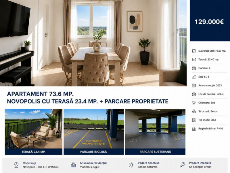 Apartament 73.6 mp. Novopolis cu terasă 23.4 mp. + parcare proprietate