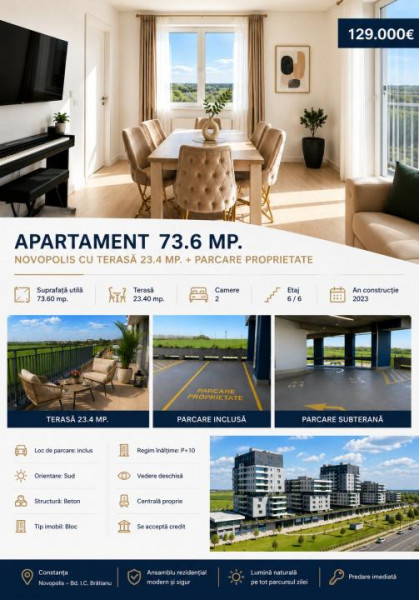 Apartament 73.6 mp. Novopolis cu terasă 23.4 mp. + parcare proprietate