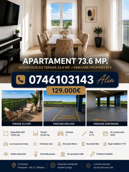 Apartament 73.6 mp. Novopolis cu terasă 23.4 mp. + parcare proprietate