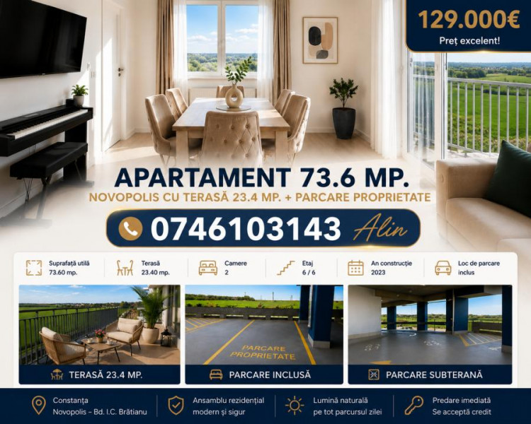 Apartament 73.6 mp. Novopolis cu terasă 23.4 mp. + parcare proprietate