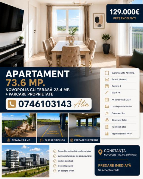 Apartament 73.6 mp. Novopolis cu terasă 23.4 mp. + parcare proprietate
